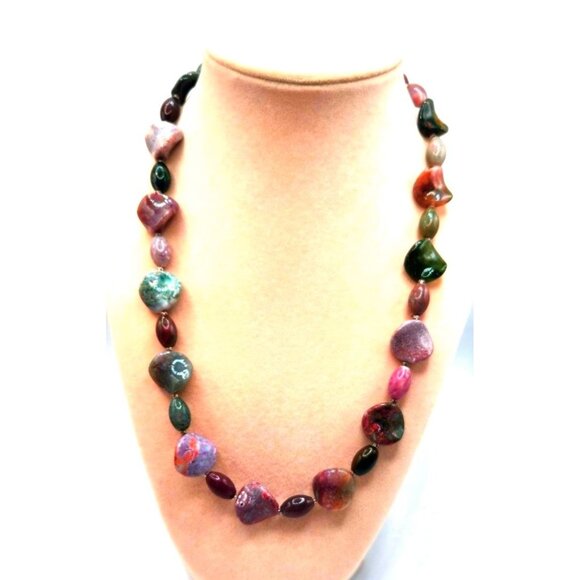 Tumbled Glossy Glass Asymmetrical Beaded Necklace With 925 Sterline Silver Clasp - Picture 1 of 3